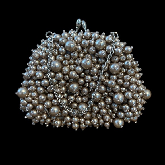 Banana Republic Handbags - Banana Republic Pearl Beaded Purse Pocketbook Beige Clutch Hand Strap Lined